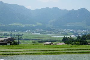 南方向の水田地帯と南側外輪山［塩井社水源・南阿蘇村］